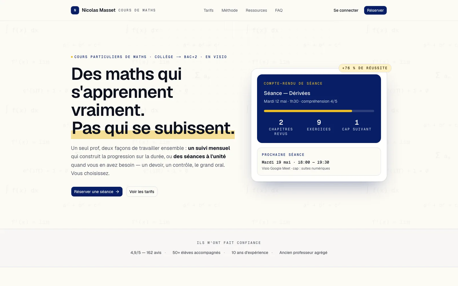 Page d’accueil de nicolasmasset.com, cours particuliers de mathématiques